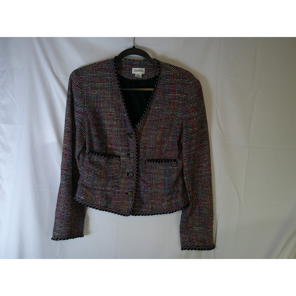 VTG Neiman Marcus Womens 4 Multicolor 100% Silk Tweed Blazer Jacket Braided Trim
